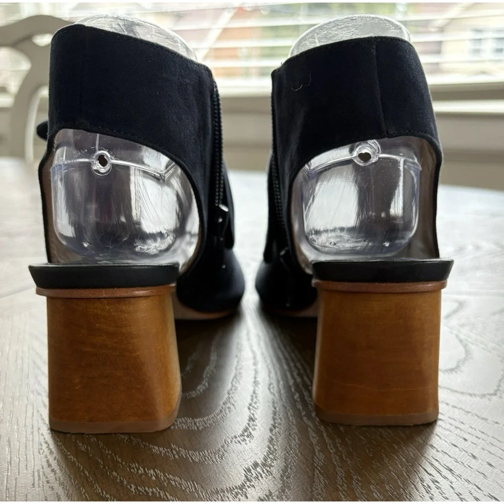 Bernardo Lizzie Navy Suede Booties Open Toe Block Wood Heel Designer Bow | 8.5 - Picture 5 of 9